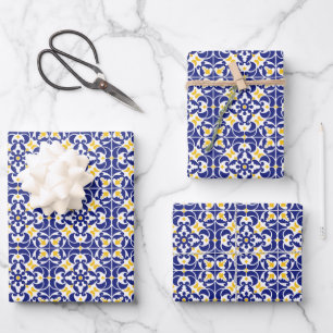 Feuille De Papier Cadeau Carreaux méditerranéens Motif bleu et jaune