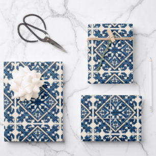 Feuille De Papier Cadeau Carreaux Méditerranéens, Portugais, Azulejo, Majol