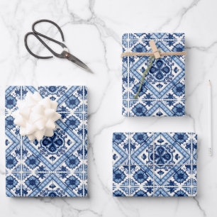 Feuille De Papier Cadeau Carreaux Méditerranéens, Portugais, Azulejo, Majol