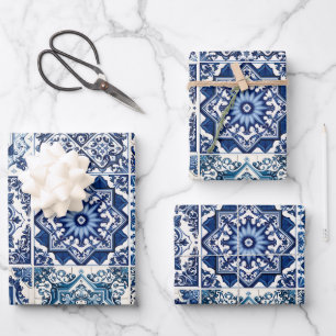 Feuille De Papier Cadeau Carreaux Méditerranéens, Portugais, Azulejo, Majol