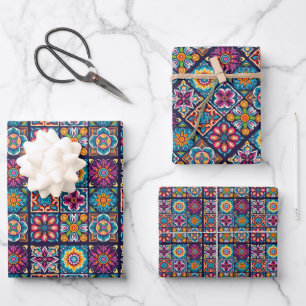 Feuille De Papier Cadeau Carrelage en mosaïque colorée avec fleurs 10