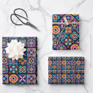 Feuille De Papier Cadeau Carrelage en mosaïque colorée avec fleurs 6
