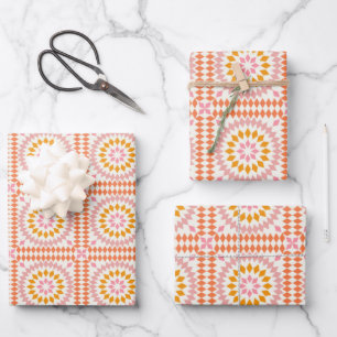 Feuille De Papier Cadeau Carrelage en mosaïque Vintage Motif en orange rose