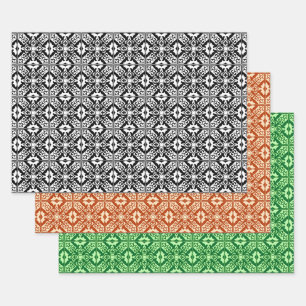 Feuille De Papier Cadeau Carrelage marocain, Noir/Blanc, Orange, Jade Green