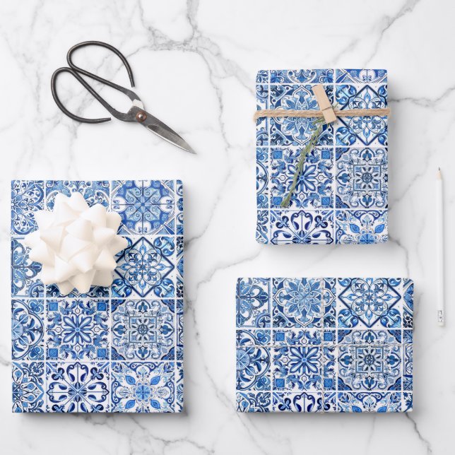 Feuille De Papier Cadeau Carrelage méditerranéen, Portugais, Azulejo, Majol (Recto)