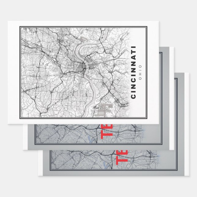 Feuille De Papier Cadeau Carte Cincinnati (Lot)
