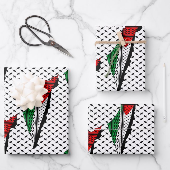 Feuille De Papier Cadeau Carte de Palestine avec drapeau et Motif Keffiyeg (Recto)