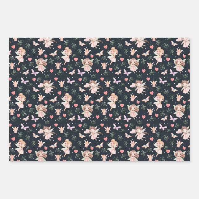 Feuille De Papier Cadeau Cartoon Fairy With Flowers Seamless Pattern (Devant)