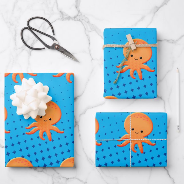 Feuille De Papier Cadeau Cartoon mignon bébé poulpe bleu océan (Recto)