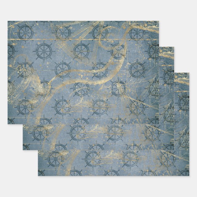 Feuille De Papier Cadeau Casque de navire en bleu (Lot)