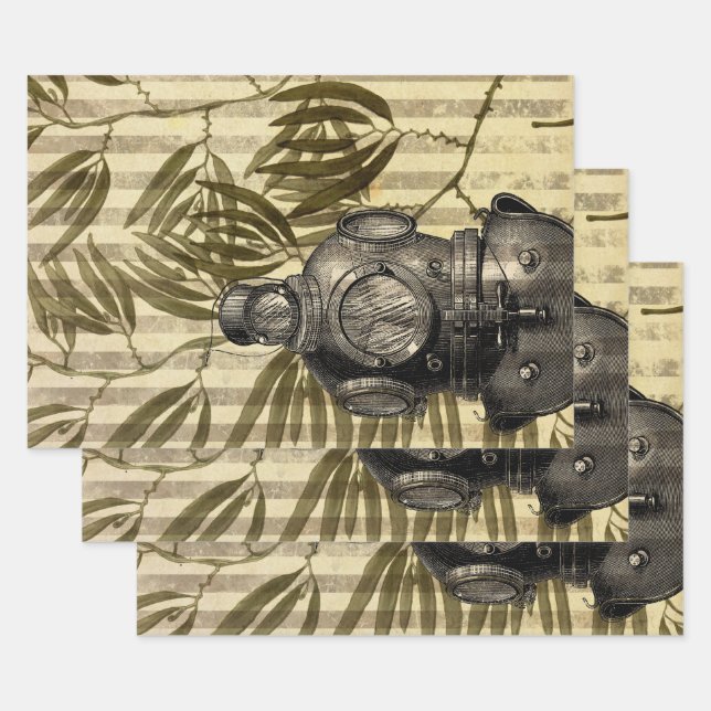 Feuille De Papier Cadeau Casque de plongée antique et algues (Lot)