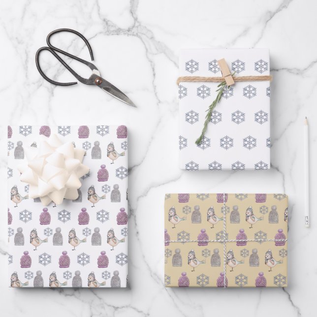 Feuille De Papier Cadeau Casquettes de laine et moineaux mignons (Recto)