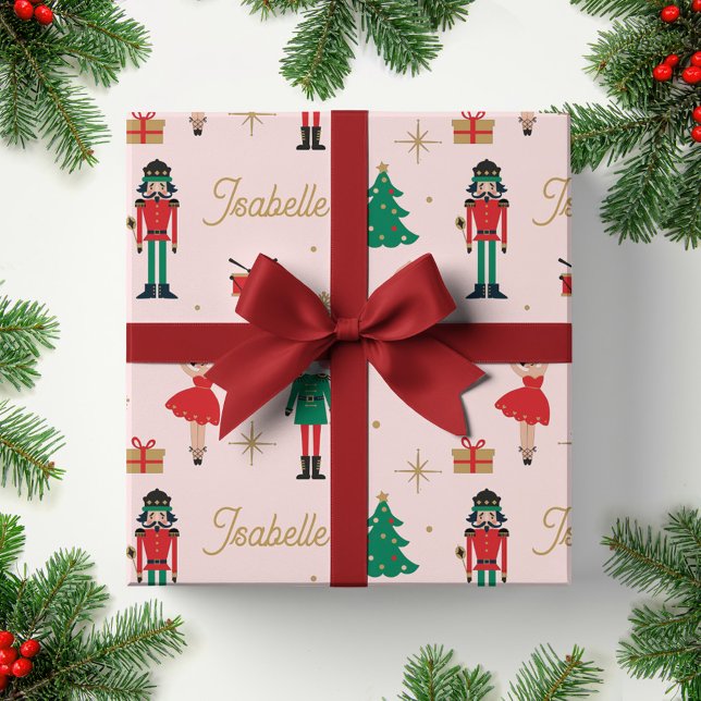 Feuille De Papier Cadeau Casse-Noisette Ballet Rose Nom personnalisé Noël (Créateur téléchargé)
