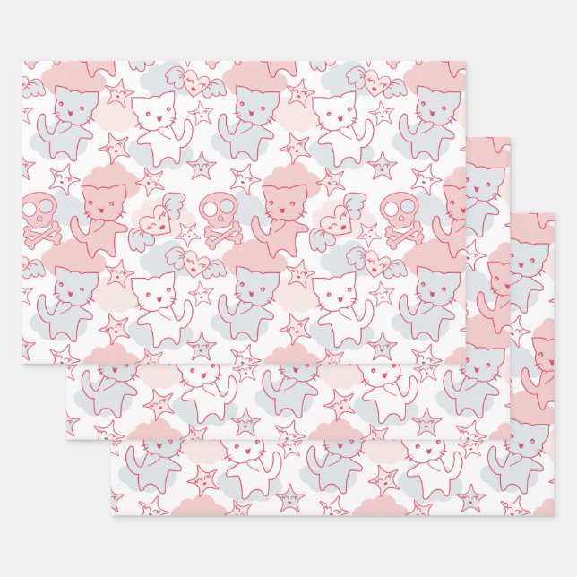 Feuille De Papier Cadeau Cat Goth Skull Japanese Style Kawaii Heart Cloud (Lot)