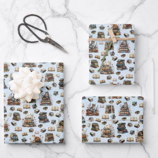 Feuille De Papier Cadeau Cats & Books on Light Blue