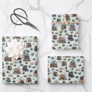 Feuille De Papier Cadeau Cats & Books on Light Green