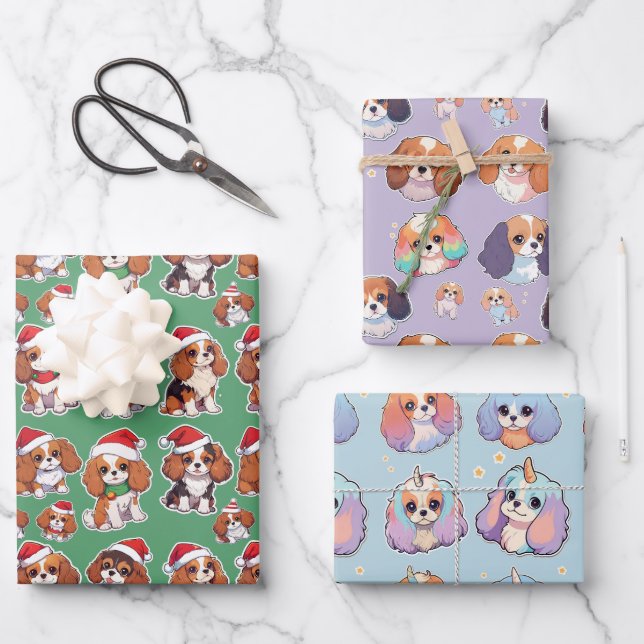 Feuille De Papier Cadeau Cavalier King Charles Pastel Motif de Noël (Recto)