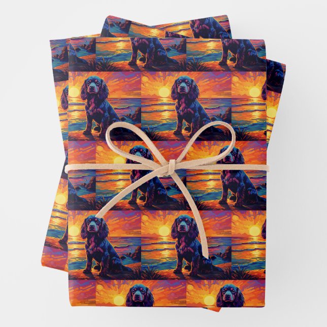 Feuille De Papier Cadeau Cavalier King Charles Spaniel Coucher de soleil /  (En situation)