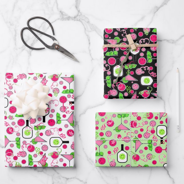 Feuille De Papier Cadeau Célébration Pickleball Rose Dinks & Boissons Verte (Recto)