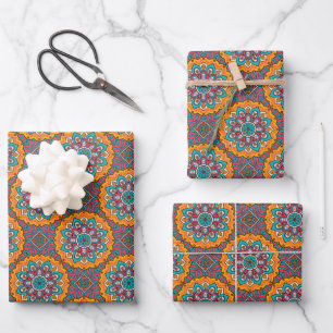 Feuille De Papier Cadeau Cercle bleu mandala rose et jaune
