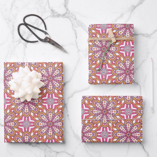 Feuille De Papier Cadeau Cercle rose et jaune Mandala (Recto)
