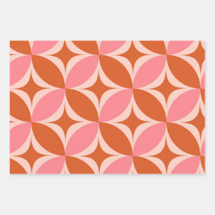 Feuille De Papier Cadeau Cercles étoilés du milieu du siècle rose et orange