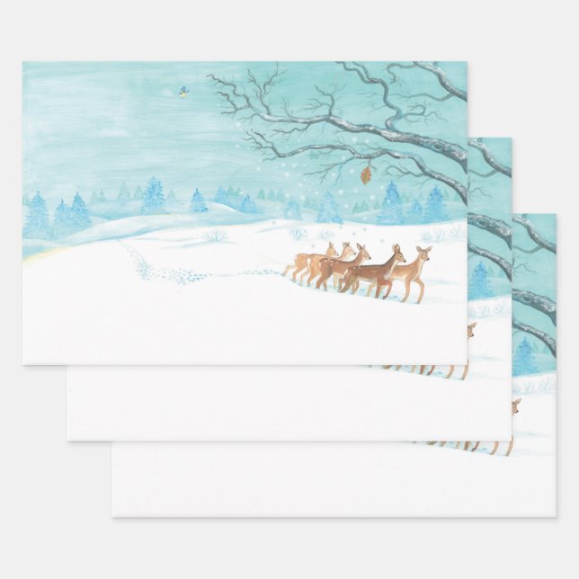 Feuille De Papier Cadeau Cerf de chevreuil dans le bois d'hiver couvert de  (Lot)