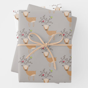 Feuille De Papier Cadeau Cerf de Noël aux oiseaux