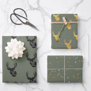 Feuille De Papier Cadeau Cerf d'or vert