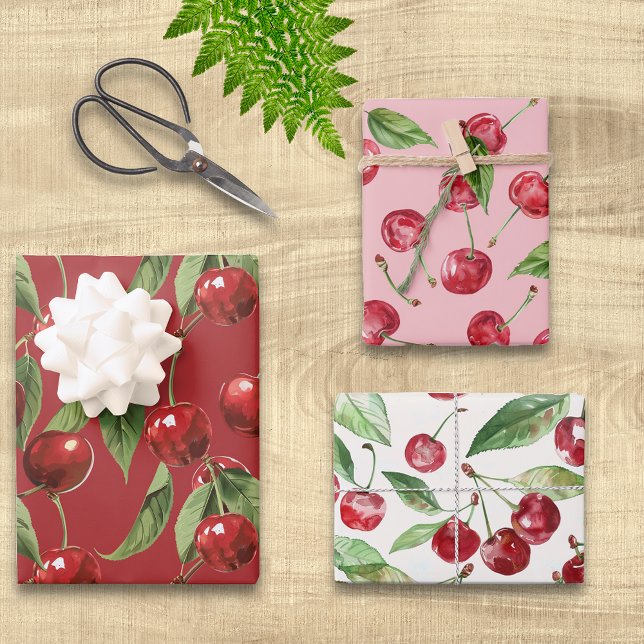 Feuille De Papier Cadeau Cerises Cerise rouge rose Motif blanc (Créateur téléchargé)