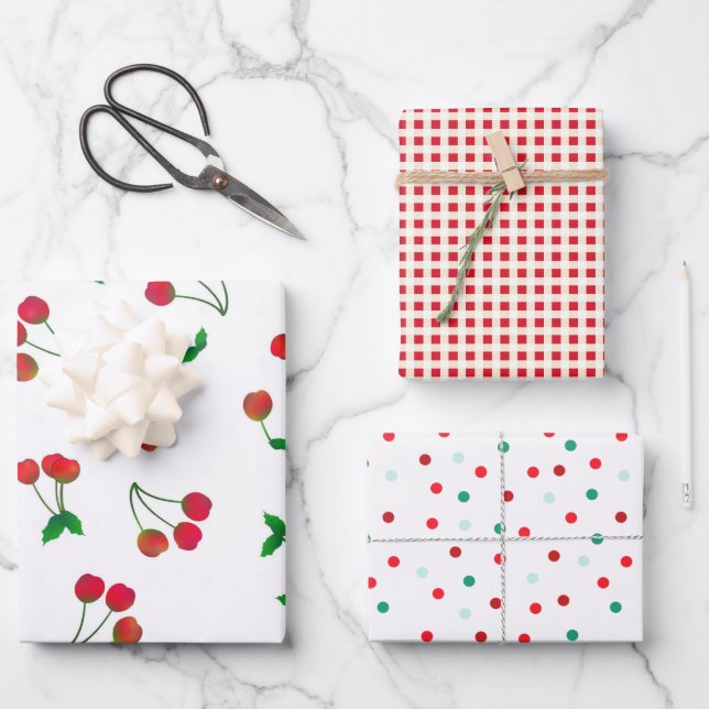 Feuille De Papier Cadeau Cerises, En vichy et beaucoup de points agités (Recto)