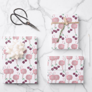 Feuille De Papier Cadeau Cerises Flamingo d'Été Peintes à la Main Aquarelle