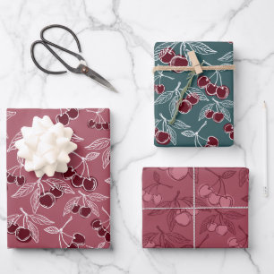 Feuille De Papier Cadeau Cerises girly rose et rouge cerise et turquoise gr