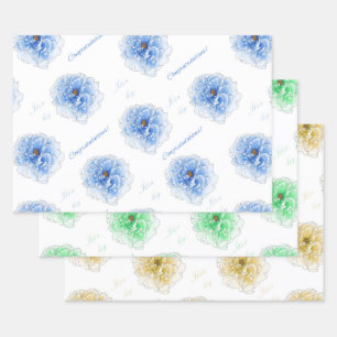 Feuille De Papier Cadeau C'est un Garçon Bleu Vert Fleurs Jaunes