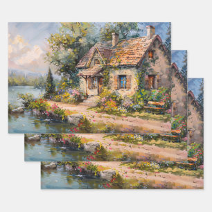 Feuille De Papier Cadeau Chalet de bord de mer Whimsical Cottagecore Découp