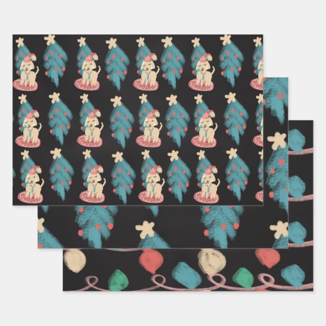 Feuille De Papier Cadeau Chalk Christmas Chien Doodles Festivités Festivale (Lot)