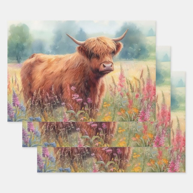 Feuille De Papier Cadeau Champ de Fleur sauvage d'aquarelle de vache Highla (Lot)