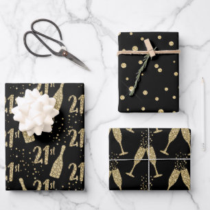 Feuille De Papier Cadeau Champagne Black Gold Bijouée 21e Fête