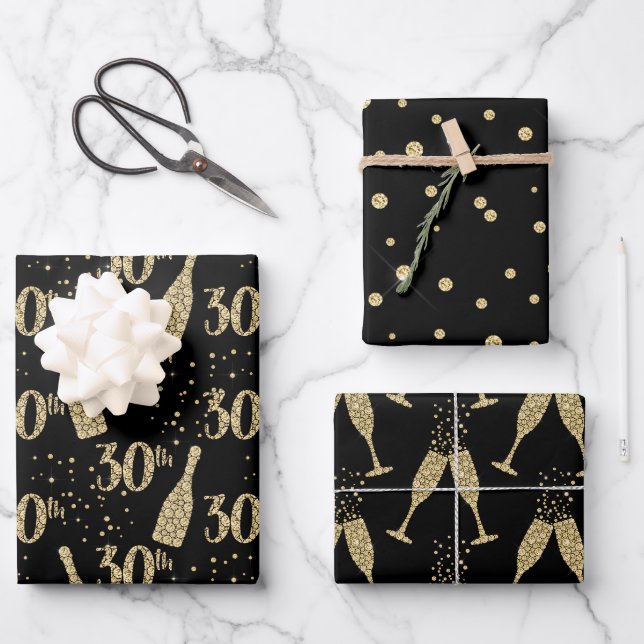 Feuille De Papier Cadeau Champagne Black Gold Bijoux 30e Fête (Recto)