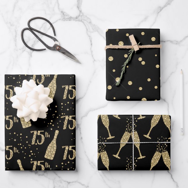 Feuille De Papier Cadeau Champagne Black Gold joaillée 75e Fête (Recto)