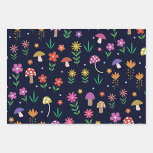 Feuille De Papier Cadeau Champignons magiques avec Motif Fleurs Whimsical