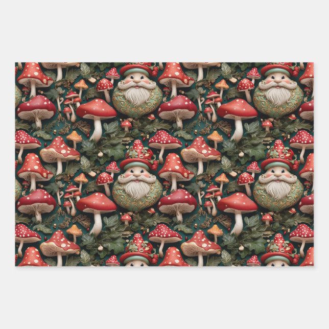 Feuille De Papier Cadeau Champignons Noël Père Noël (Devant 2)