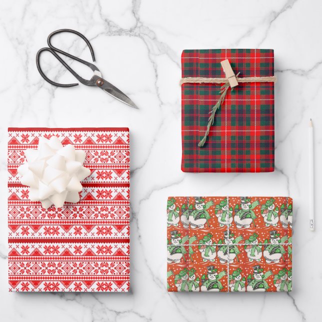Feuille De Papier Cadeau Chandail de Noël Norvégien Snowman Rouge Plaid (Recto)