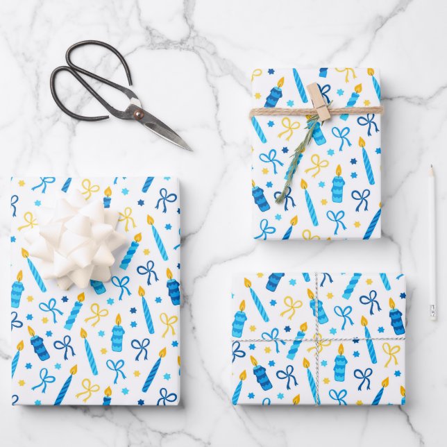Feuille De Papier Cadeau Chanukah bougies brûlant blanc bleu or (Recto)