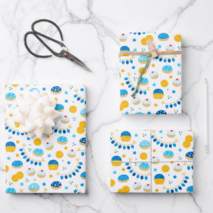 Feuille De Papier Cadeau Chanukah Dreidels Doughnut Gold Blue White
