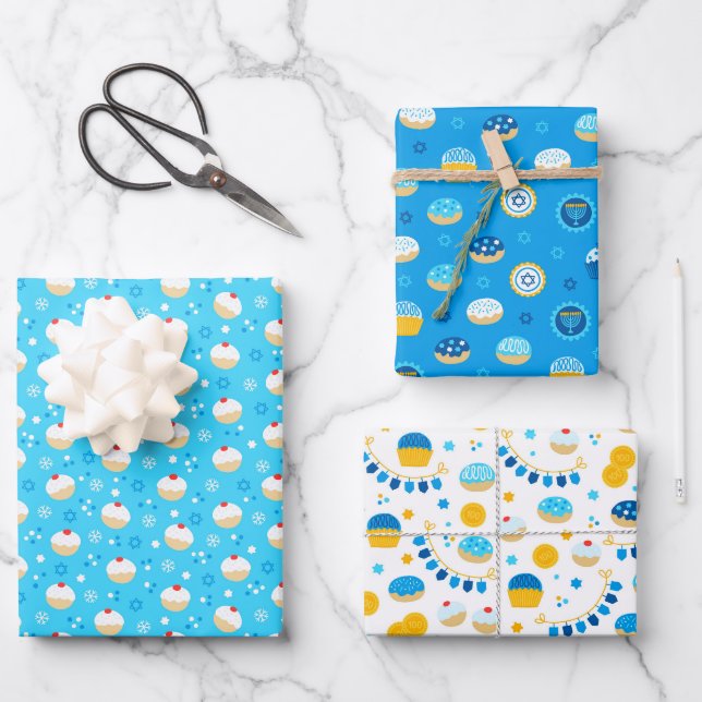 Feuille De Papier Cadeau Chanukah Ensemble mixte de Motifs de Jelly Doughnu (Recto)