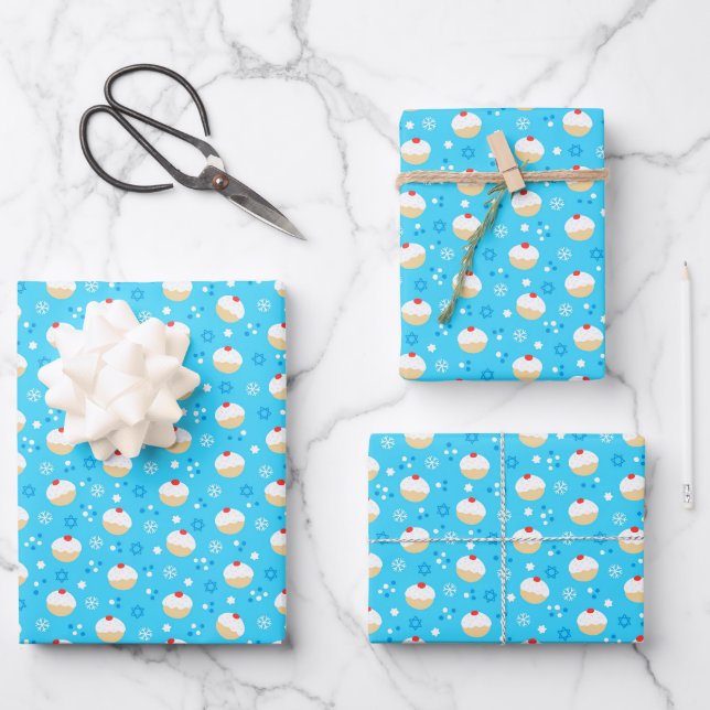Feuille De Papier Cadeau Chanukah Jelly Doughnut Etoiles juives Snowflakes (Recto)