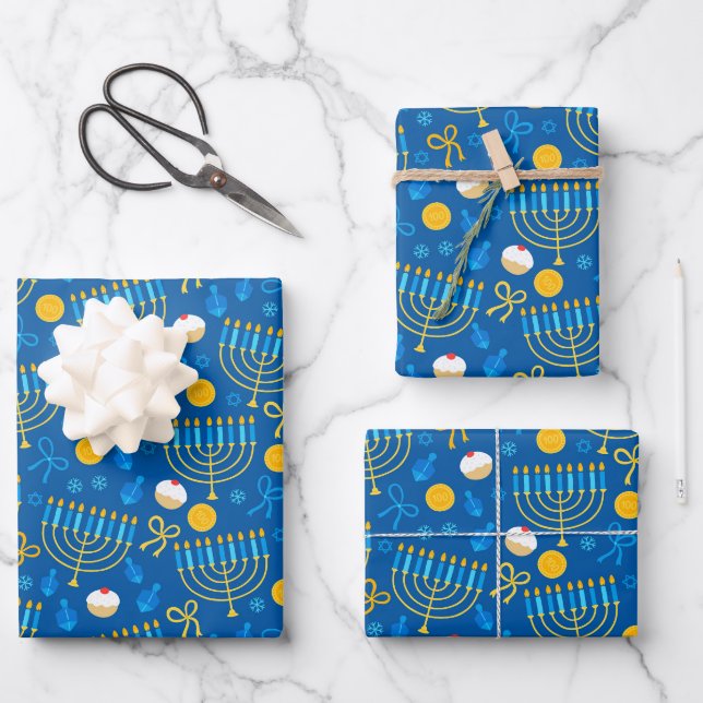 Feuille De Papier Cadeau Chanukah Menorah Gelt Dreidel Bleu (Recto)