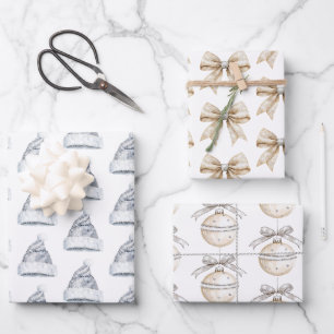 Feuille De Papier Cadeau Chapeaux de Père Noël Argent Pailletés Rubans Orne