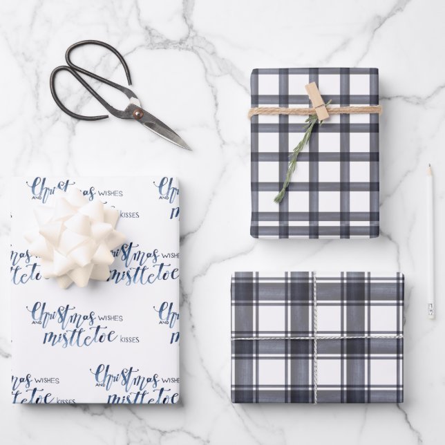 Feuille De Papier Cadeau Charcoal Plaid & Christmas Wishes Script (Recto)